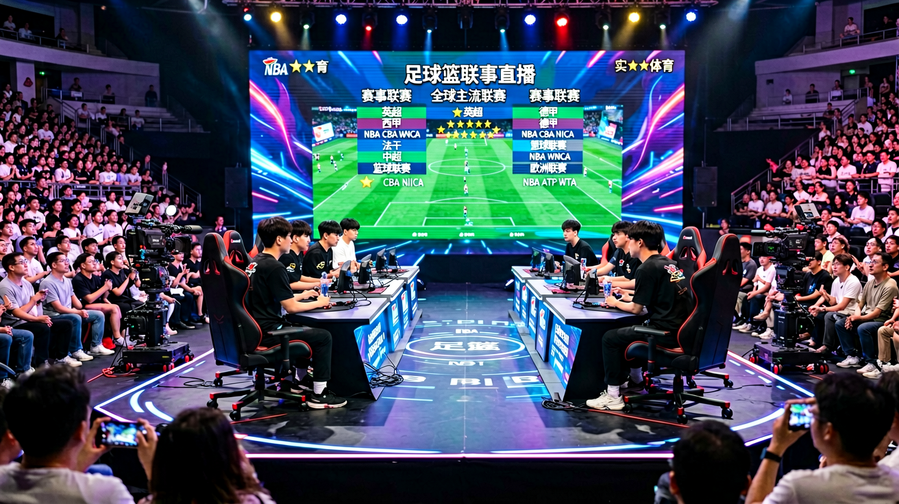 电子竞技比赛现场，选手在舞台上进行对局